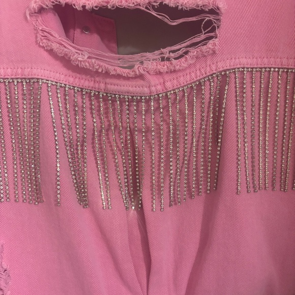 Pink Distressed Rhinestone Denim Jacket - Size Medium - Picture 4 of 5